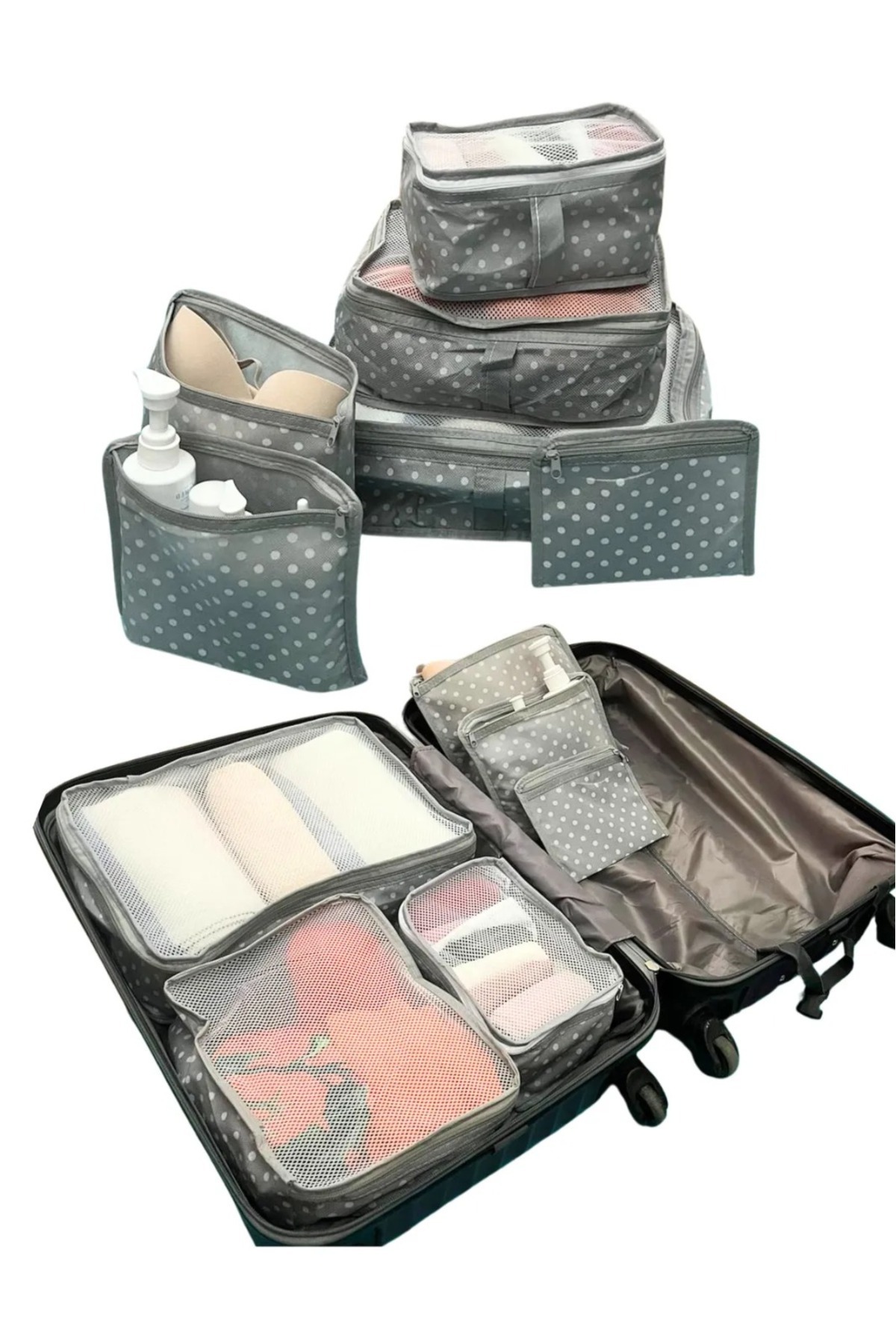 6'lı Valiz Düzenleyici Fileli Organizer Bavul Içi Organizer Set Seyahat Hurcu Puantiye Desen