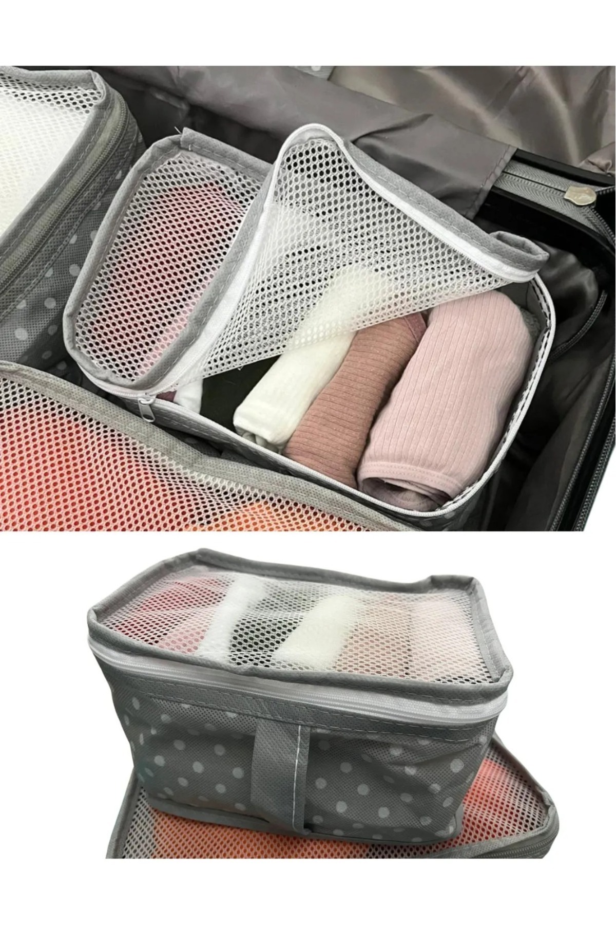 6'lı Valiz Düzenleyici Fileli Organizer Bavul Içi Organizer Set Seyahat Hurcu Puantiye Desen