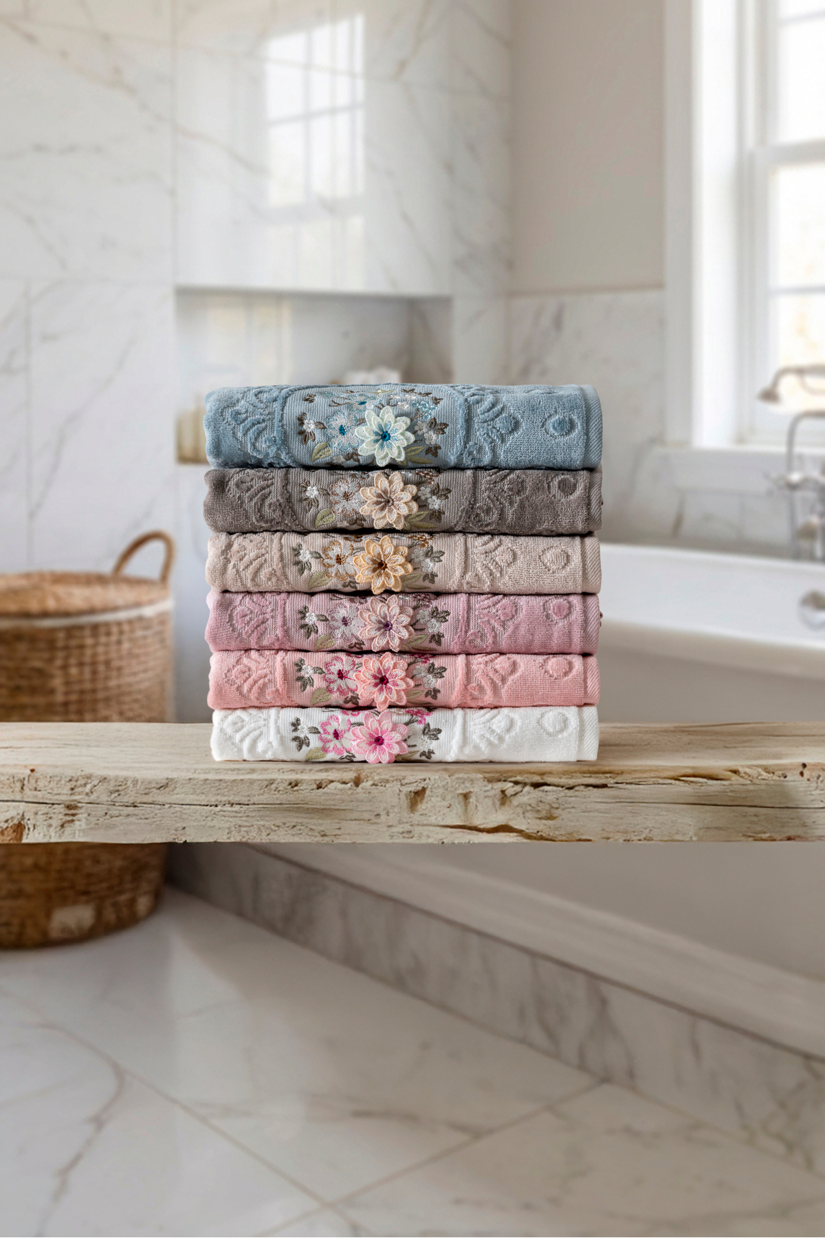 6 Parça 3D Nakışlı Premium Çeyizlik El Yüz Havlusu 50x90 cm %100 Pamuk ve Kadife