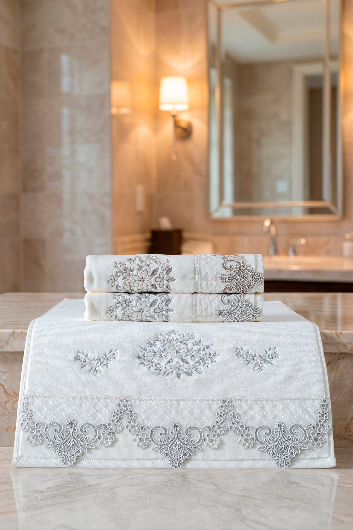 3'Lü Özel Seri Çeyizlik Dantelli Nakışlı 50x90 cm Lüks Tasarım %100 Pamuk Havlu