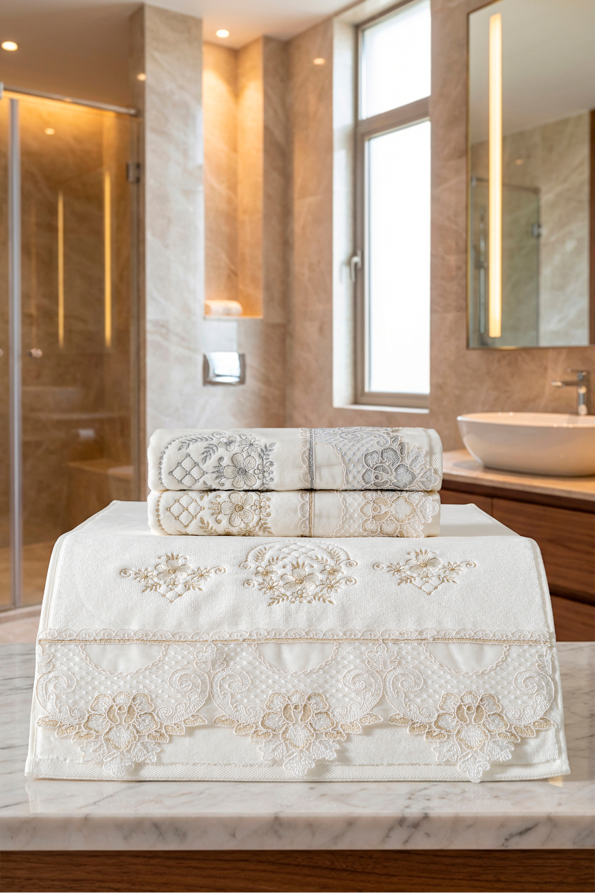 3'lü Özel Seri Çeyizlik Dantelli Nakışlı Geniş Güpürlü 50x90 cm Lüks Tasarım %100 Pamuk Havlu