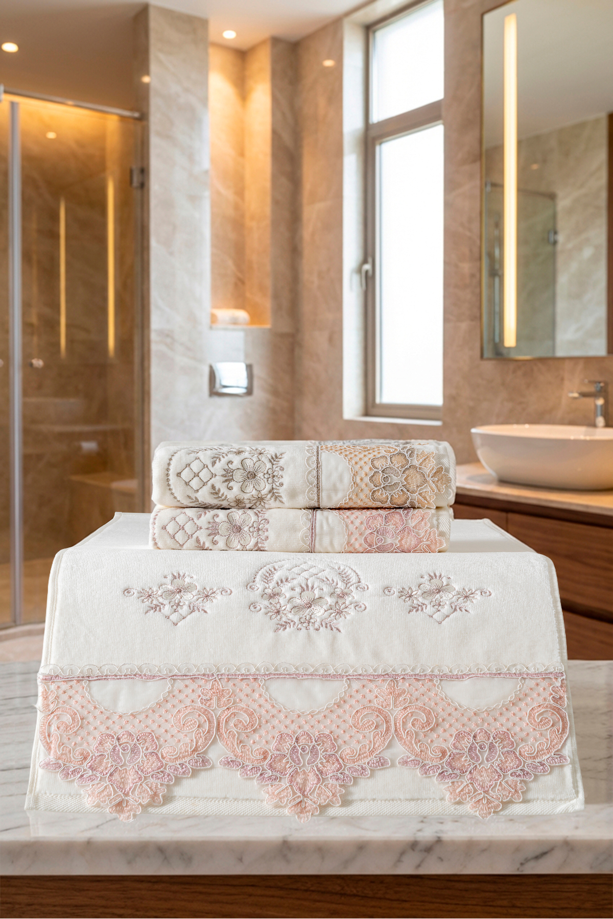 3'lü Özel Seri Çeyizlik Dantelli Nakışlı Geniş Güpürlü 50x90 cm Lüks Tasarım %100 Pamuk Havlu