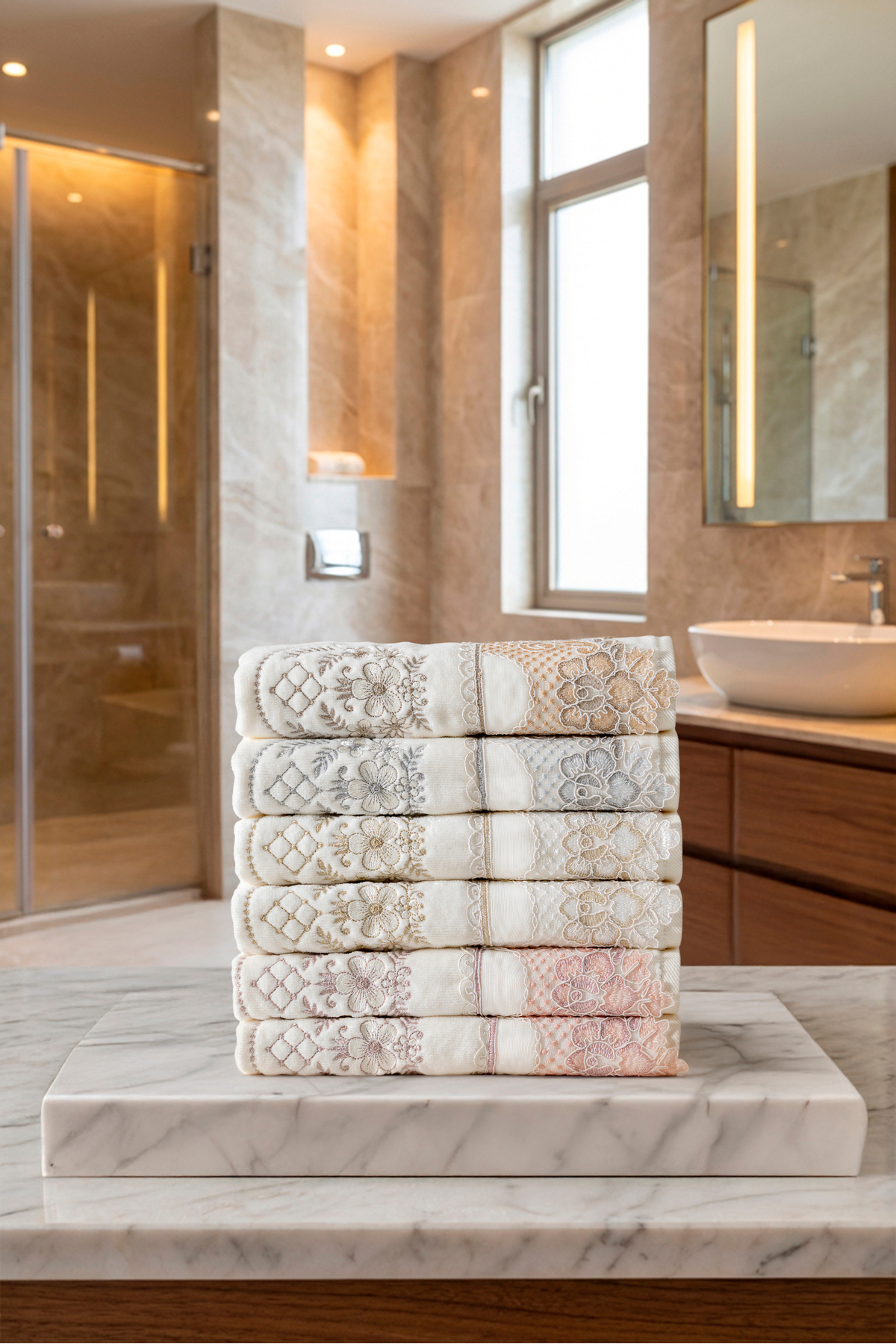 6'lı Özel Seri Çeyizlik Dantelli Nakışlı Geniş Güpürlü 50x90 cm Lüks Tasarım %100 Pamuk Havlu