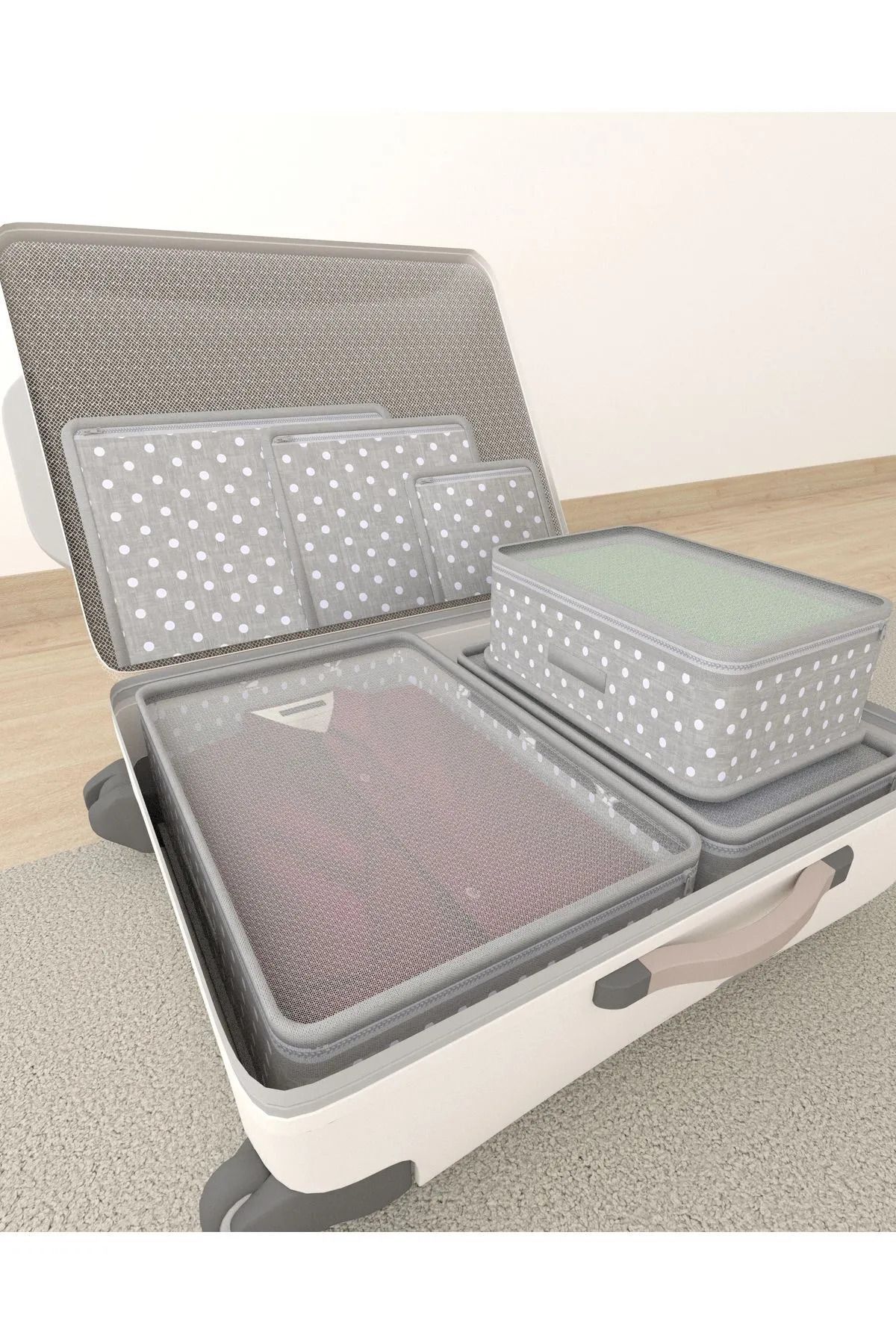 Gri Benekli (Fileli) 6 Parça Seyahat Valiz Kılıfı Düzenleyicisi