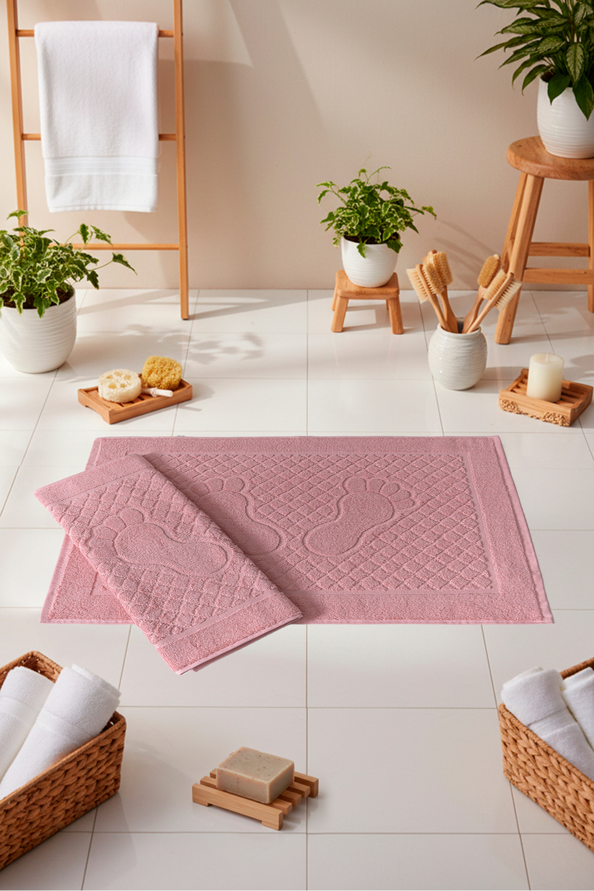 2'li Ayak İzi Desenli %100 Pamuk Banyo Ayak Havlusu Seti 50x80 cm Yumuşak Dokulu
