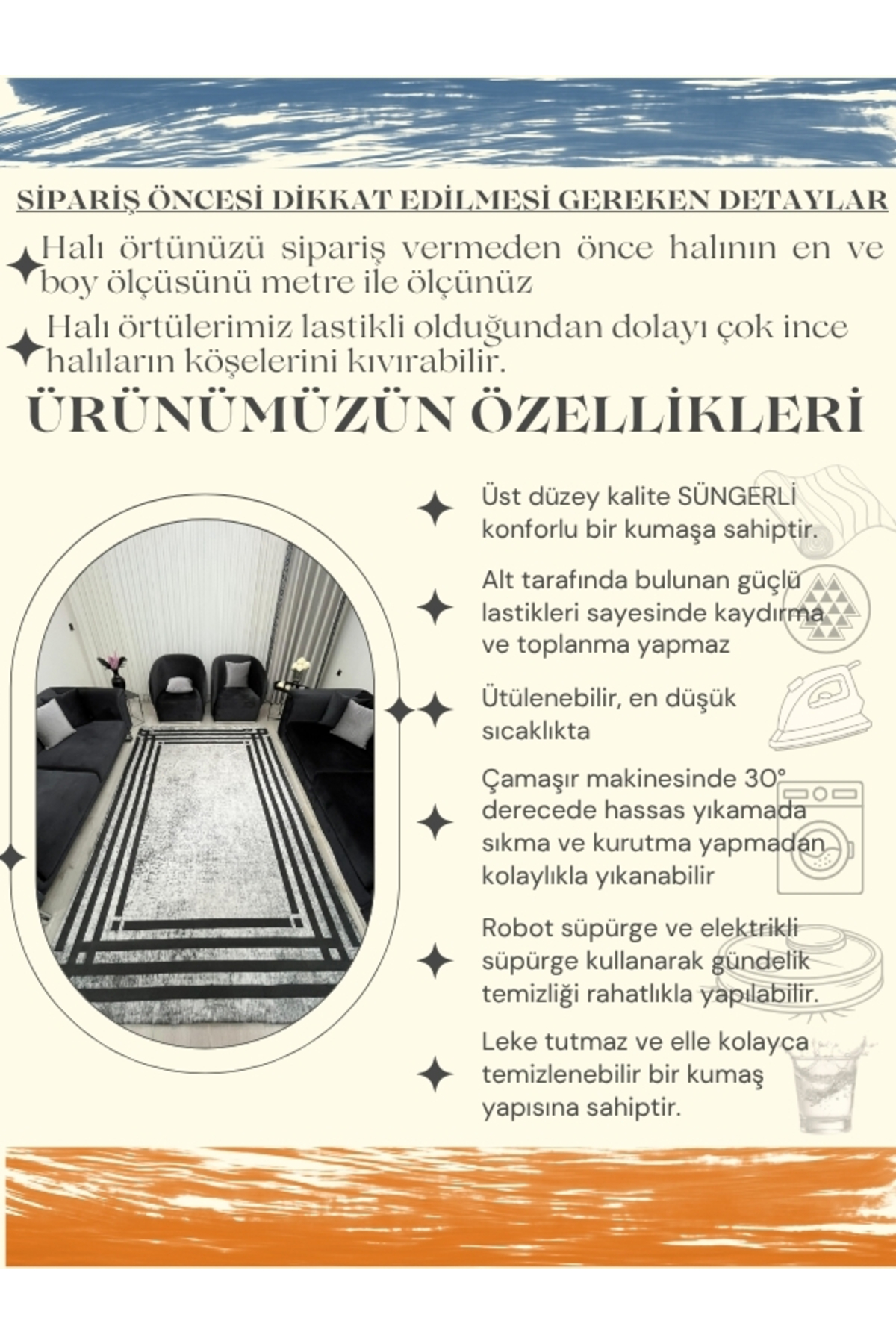 Siyah Çizgili Modern Gri Halı Örtüsü - Minimal Tasarım Lastikli ve Süngerli Kaymaz Taban Yıkanabilir