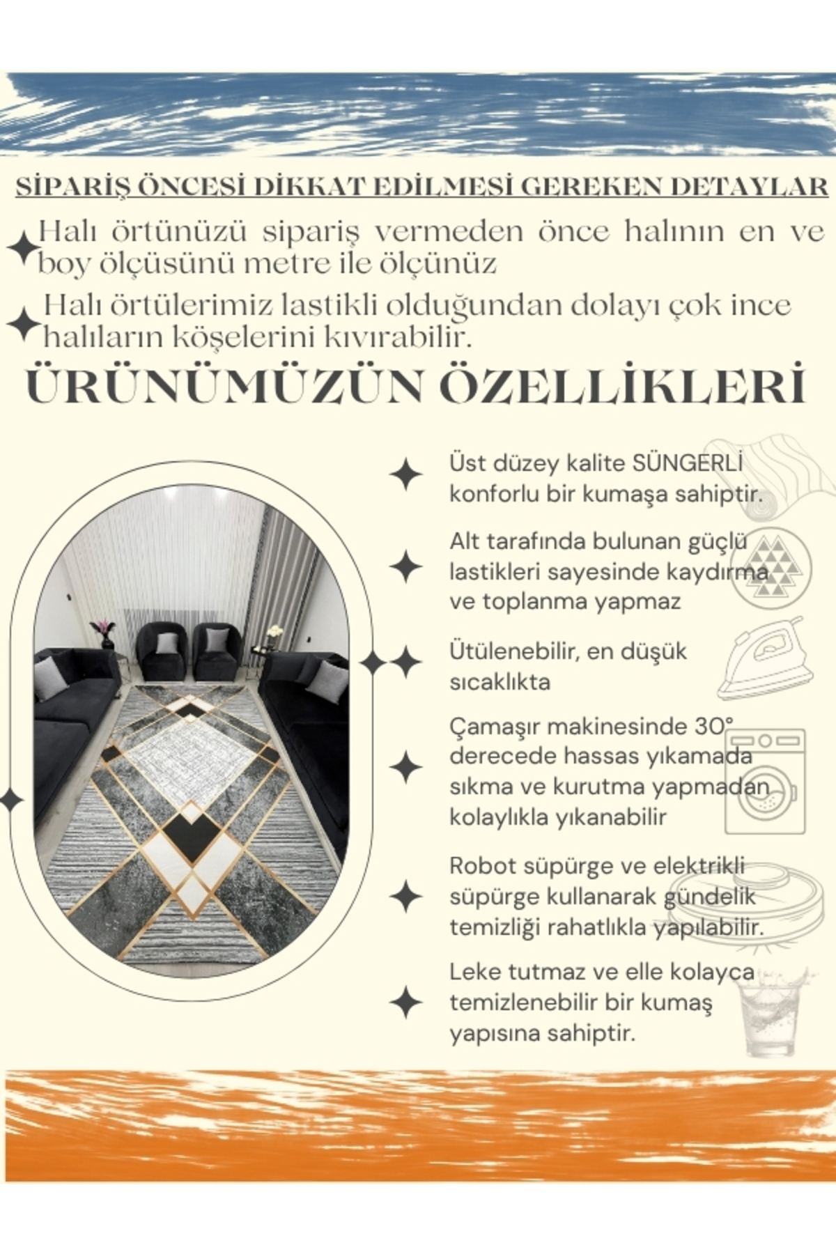 Geometrik Desen Gold Çizgili Halı Örtüsü Gri Siyah *Lastikli ve Süngerli Kaymaz Tabanlı Yıkanabilir*