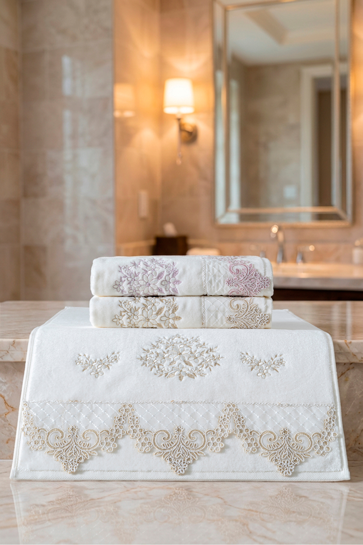 3'Lü Özel Seri Çeyizlik Dantelli Nakışlı 50x90 cm Lüks Tasarım %100 Pamuk Havlu