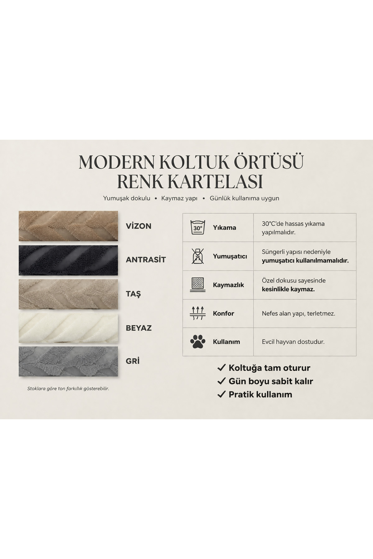 180x220 Kalın Süngerli Kesinlikle Kaydırmaz Welsoft Yumuşak Kabartmalı Modern Koltuk Örtüsü (TAŞ)