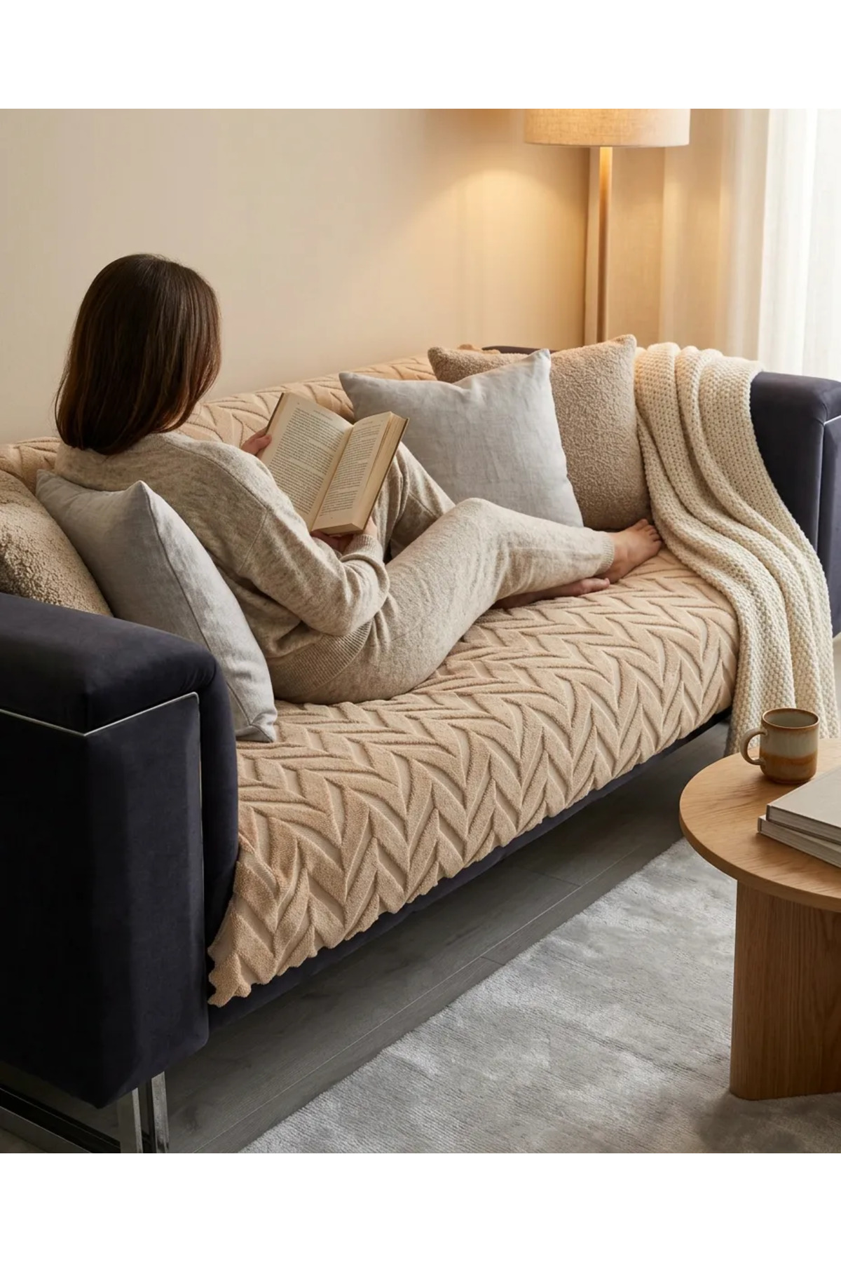 180x220 Kalın Süngerli Kesinlikle Kaydırmaz Welsoft Yumuşak Kabartmalı Modern Koltuk Örtüsü (VİZON)