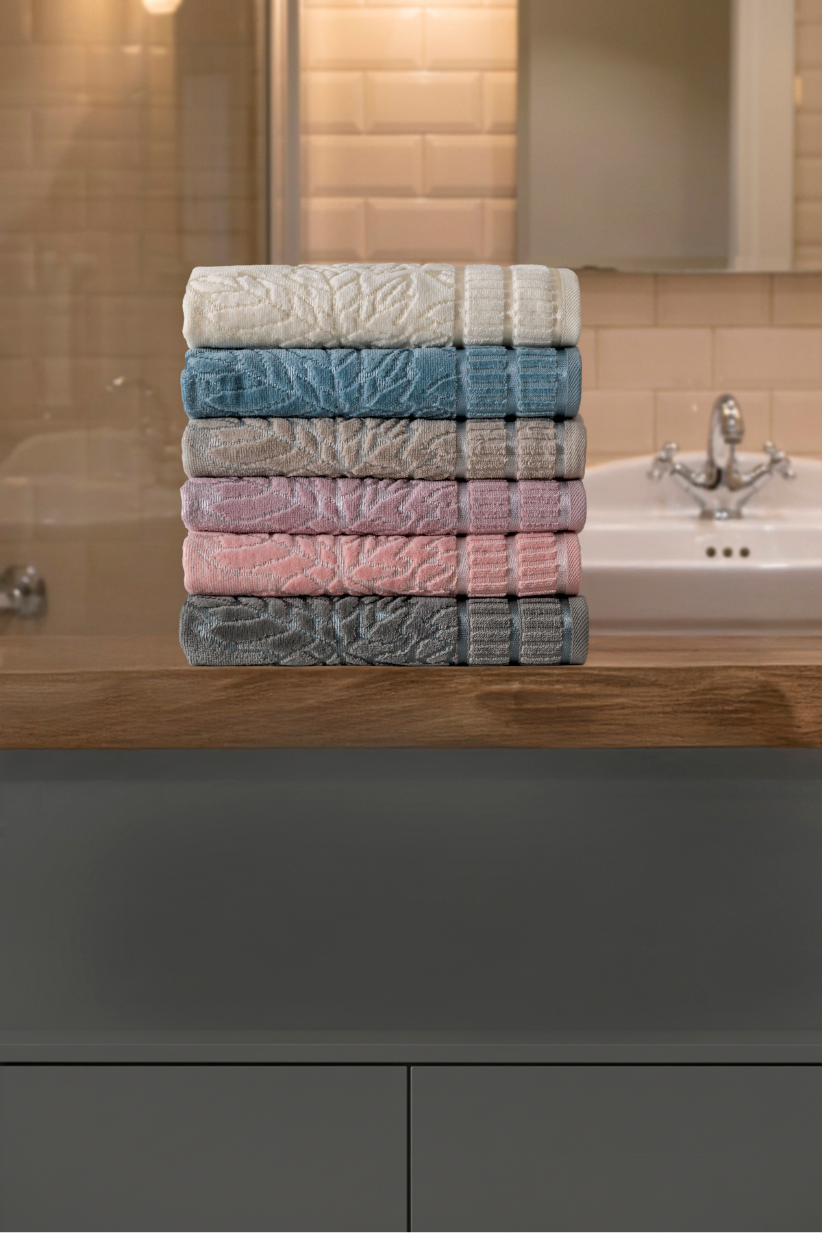 6'lı Çınar Yaprak Desen 50x90 Cm %100 Pamuk El Yüz Havlu Seti Yumuşak Doku Yüksek Emicilik