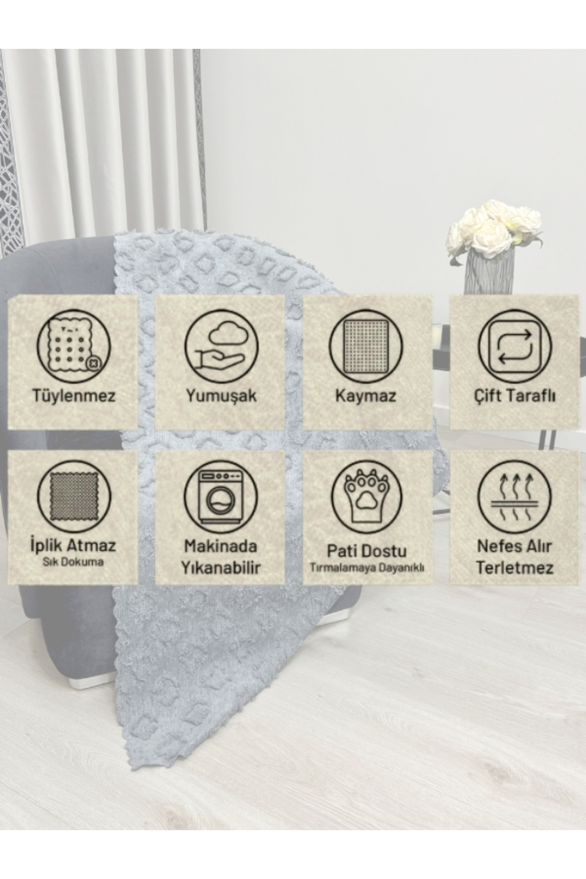 Gri Renk Koltuk Örtüsü 175x215 cm Çekyat Örtüsü Premium Şönil Jakar Kumaş Kaydırmaz, Yıkanabilir**