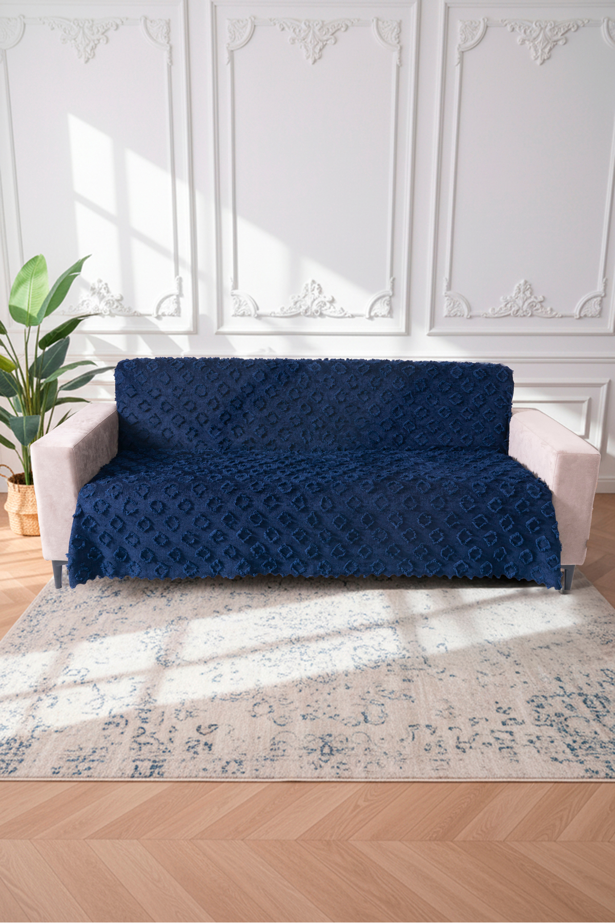 LACİVERT Koltuk Örtüsü 175x215 cm Çekyat Örtüsü Premium Şönil Jakar Kumaş Kaydırmaz, Yıkanabilir