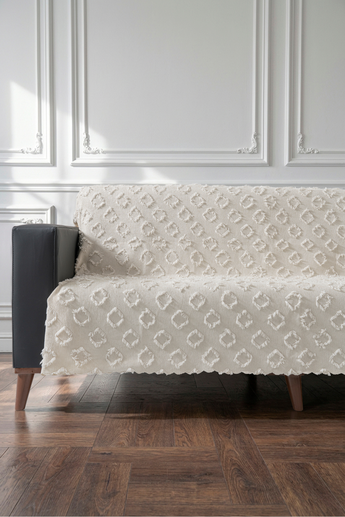 SÜT RENGİ Koltuk Örtüsü 175x215 cm Çekyat Örtüsü Premium Şönil Jakar Kumaş Kaydırmaz, Yıkanabilir
