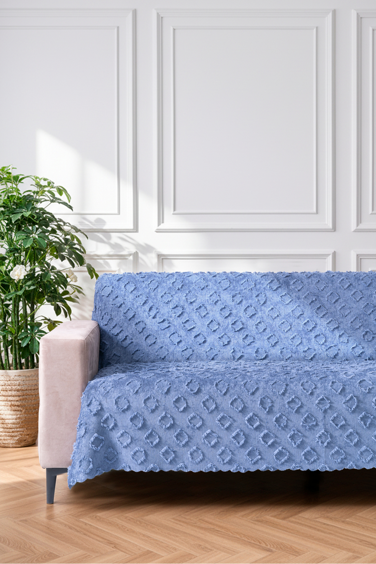 İndigo Mavi Koltuk Örtüsü 175x215 cm Çekyat Örtüsü Premium Şönil Jakar Kumaş Kaydırmaz, Yıkanabilir